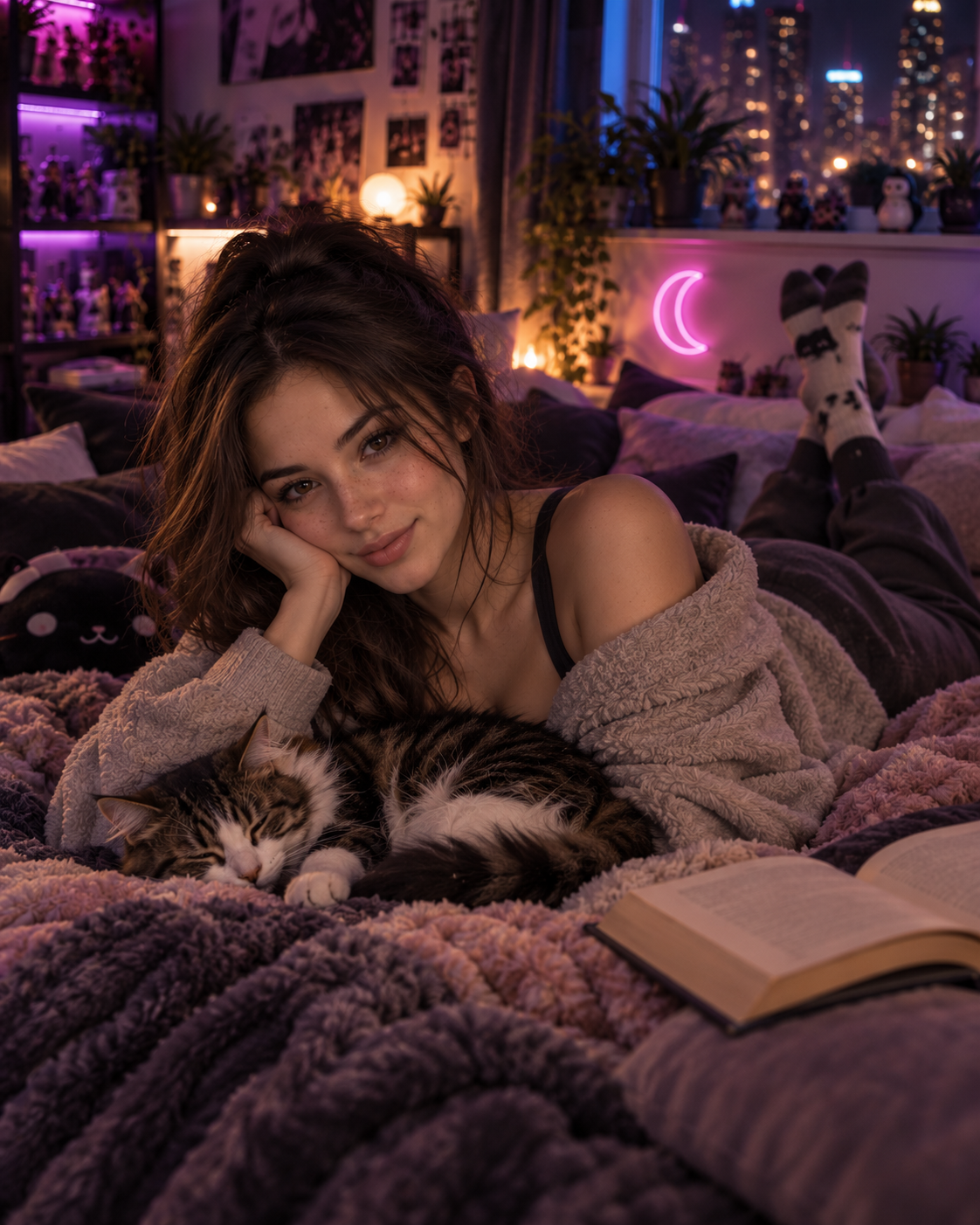 A quiet private visual of NOVA resting with a cat